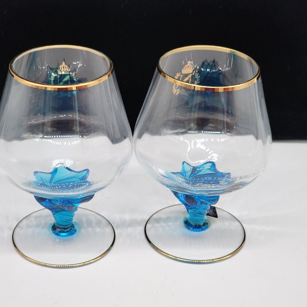 Vcelnicka Bohemia Brandy Snifter Cognac Handblown Blue Glass Gilded Crown VTG - Picture 10 of 11
